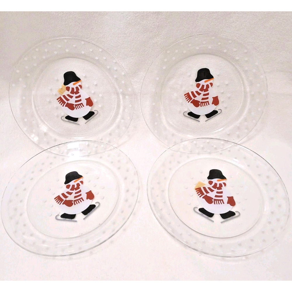 4 Plates Crate & Barrel CLEAR GLASS Ice Skating Snowman Christmas Party NEW TAG